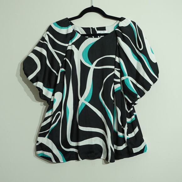Nine West Womens Blouse Balloon Bubble Sleeve Geometric Print Teal Black Size OX - Picture 1 of 5